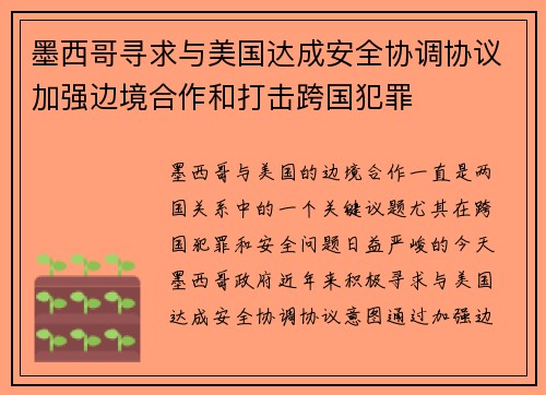 墨西哥寻求与美国达成安全协调协议加强边境合作和打击跨国犯罪
