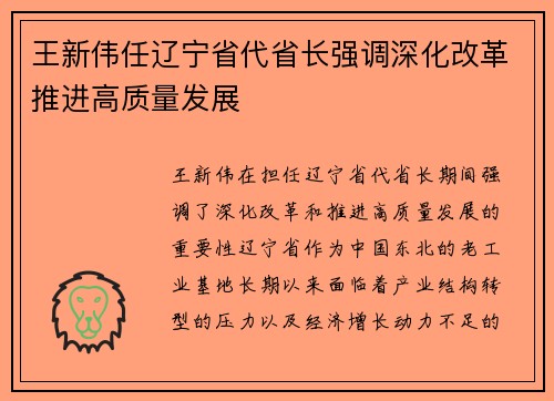 王新伟任辽宁省代省长强调深化改革推进高质量发展