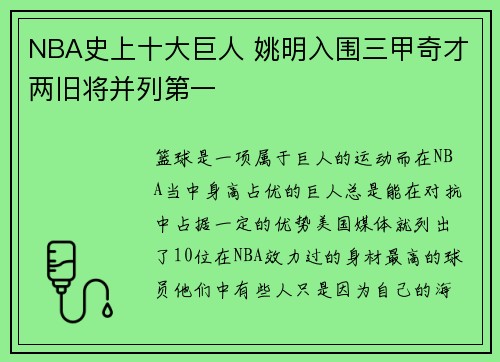 NBA史上十大巨人 姚明入围三甲奇才两旧将并列第一