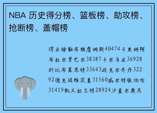 NBA 历史得分榜、篮板榜、助攻榜、抢断榜、盖帽榜